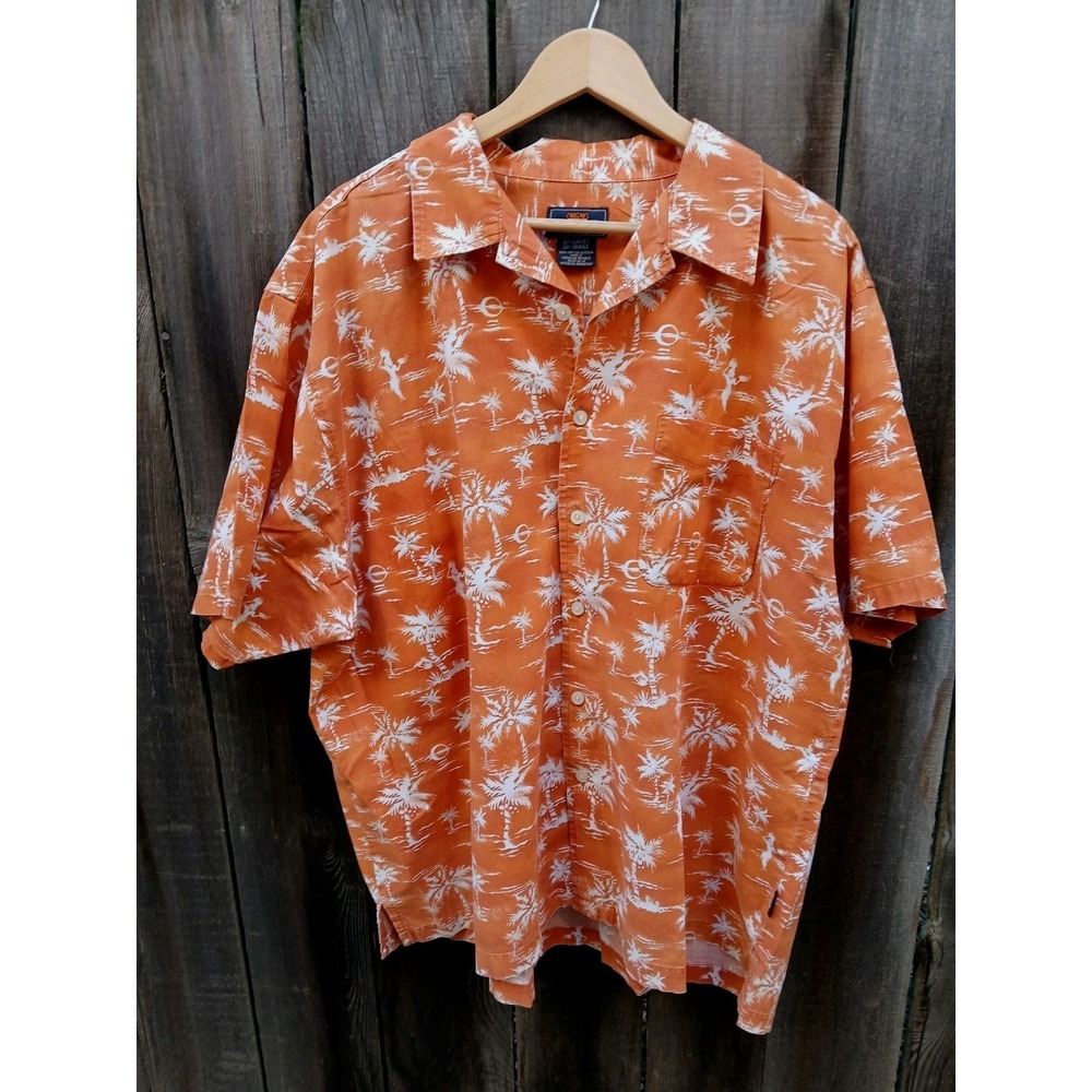 Route 66 Shirt Men 2XL XXL Orange Floral Palm Button Up Hawaiian 100% Cotton